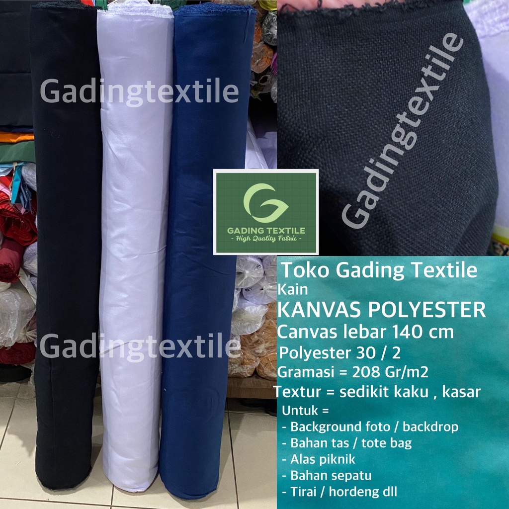 ( per setengah meter ) kain KANVAS POLYESTER canvas PE warna hitam biru navy putih lebar 140 cm meteran bahan diy tas totebag tote goodie bag souvenir pouch sepatu dekorasi dekor kerajinan tangan craft tirai hordeng gorden piknik printing sublime sublim