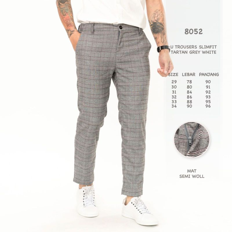 Celana Pria Tartan Slimfit Grey Celana Chino Pria Kotak Kotak Celana Tartan Cowok Ankle Pants Pria