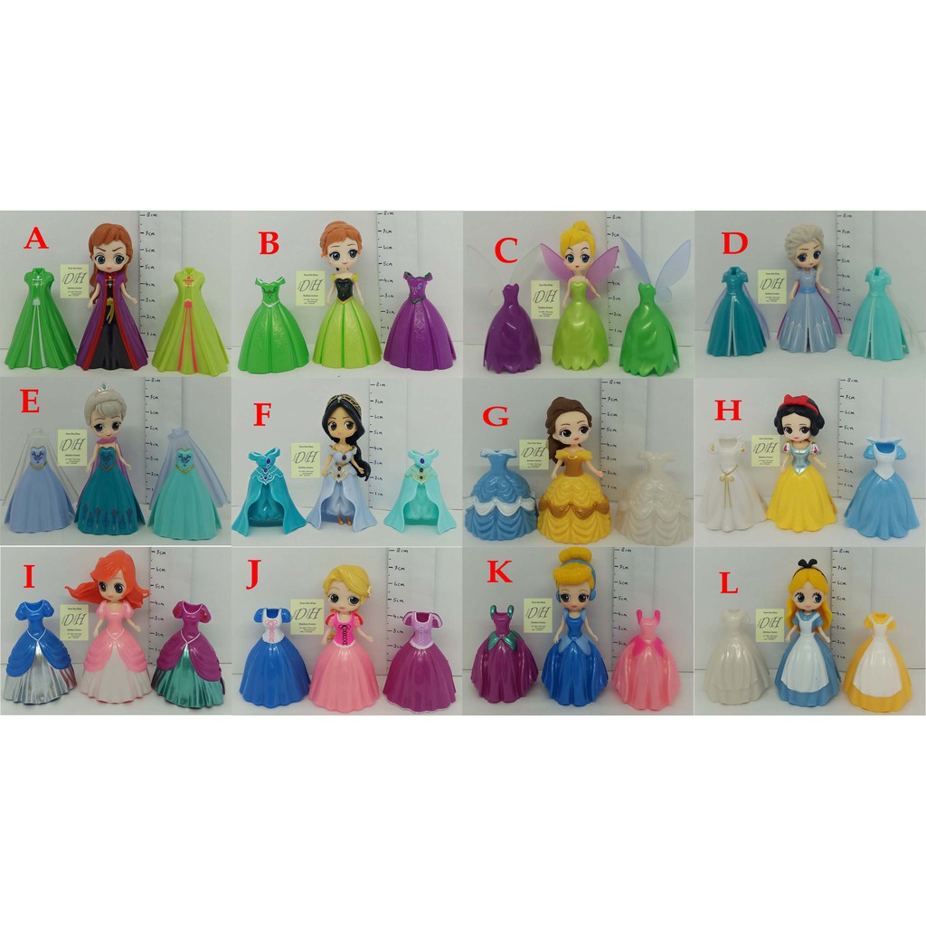 Figure Princess Ganti Baju 2 Dress Frozen Elsa Mulan Jasmine Anna Alice Belle Mainan Miniatur Topper