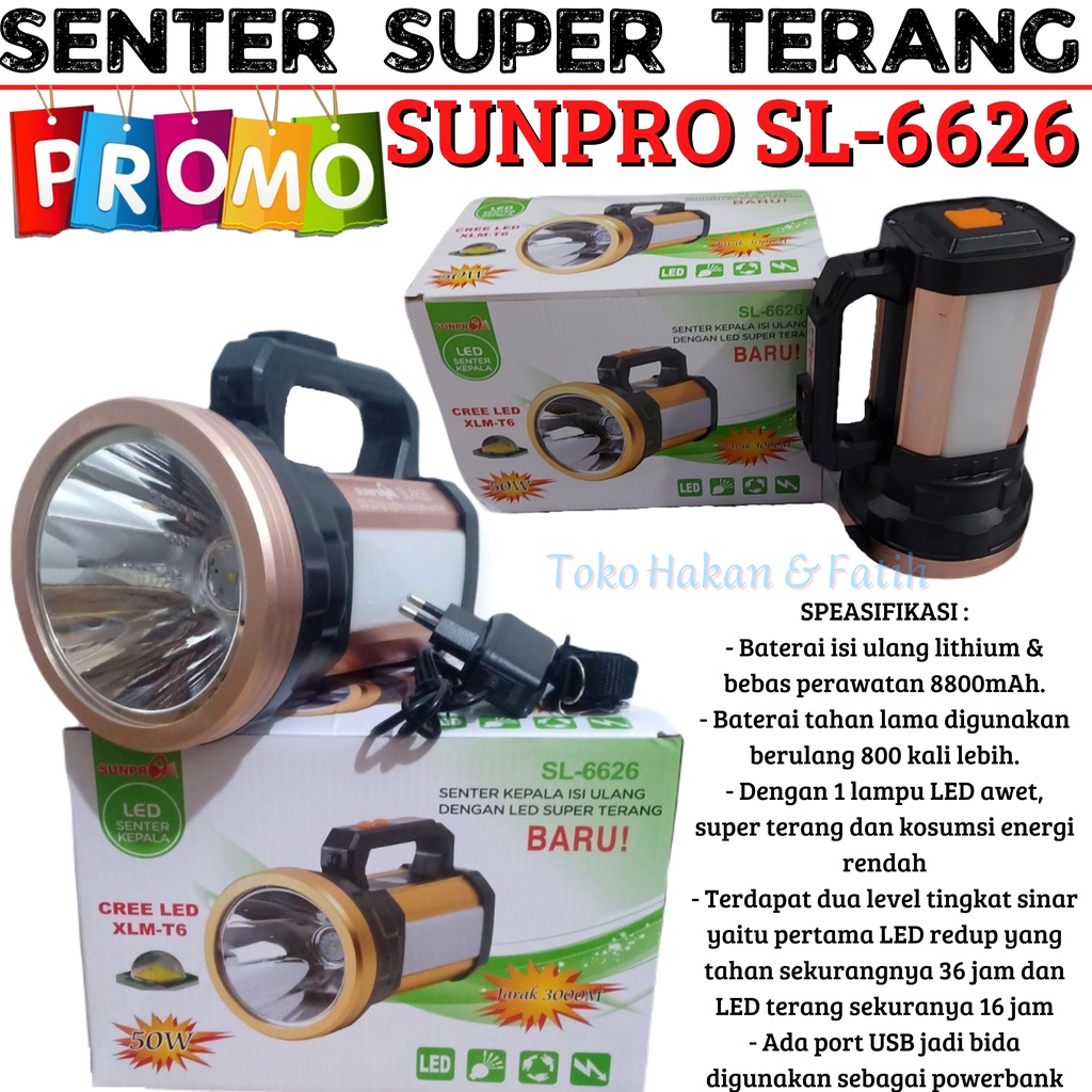 Senter LED Super Terang Jarak Jauh Rechargeable SUNPRO SL-6626 - Senter Tengteng Ronda LED 50W - Bis