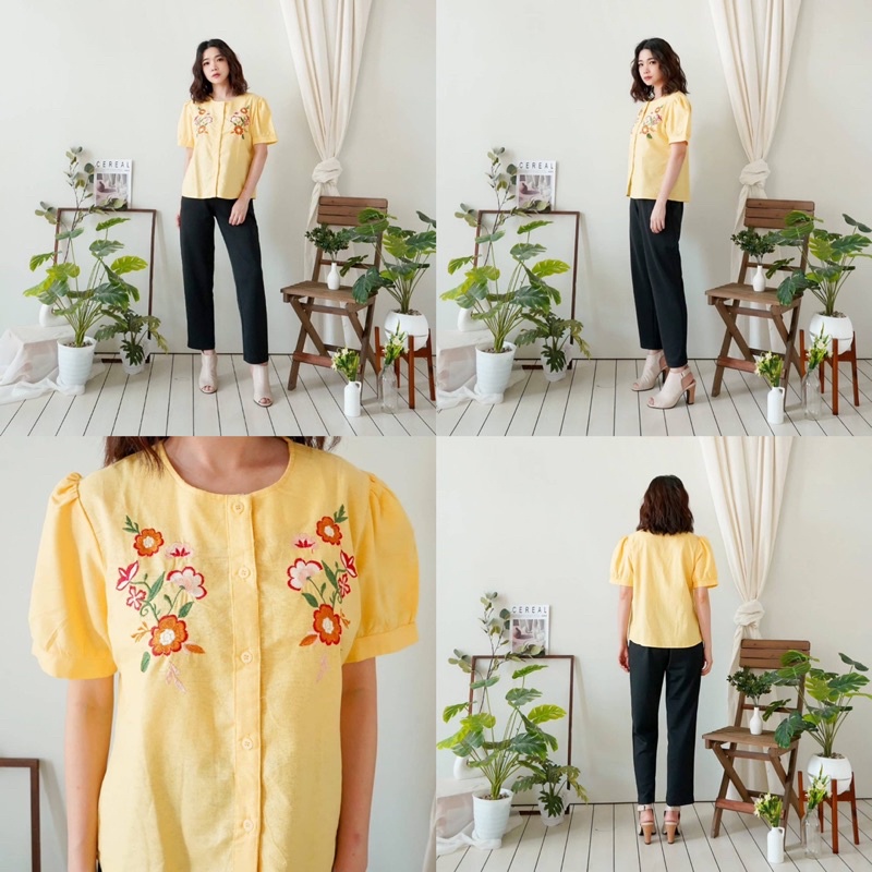BEZZY TOP BAJU ATASAN BLOUSE WANITA LENGAN PENDEK BAHAN KATUN COTTON RAMI BUNGA DARK BLUE YELLOW TOSCA GREEN FUCHSIA SHOCKING PINK-3