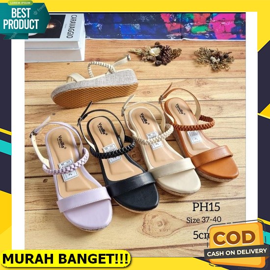 Sepatu Sandal Wanita Spatu Sendal Cewek Wedges  Tali Velcro Hak Sol 3 Cm Karet Lentur Empuk Import D