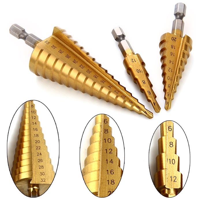 STEP DRILL PAGODA SET ISI 3PCS KAPUSI / STEPDRILL MULTIFUNGSI K-32403PCS Mata Bor Pagoda Kerucut | Step Cone Drill 4-12mm 4-20mm 4-32mm/mata bor pagoda SPIRAL + MULTI STEP drill HSS Titanium