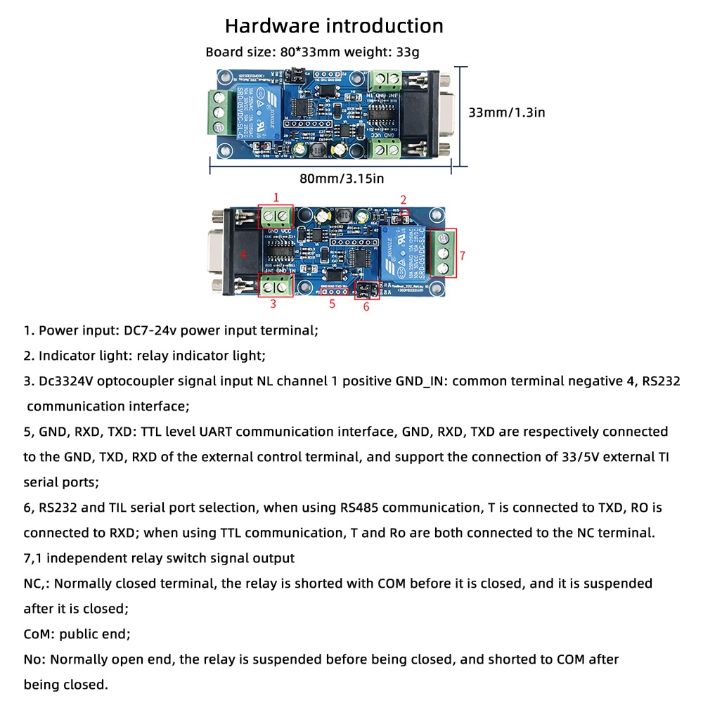 Modul relay Dc7~24V RS232 TTL UARTModbus RTU 1 2 Channel