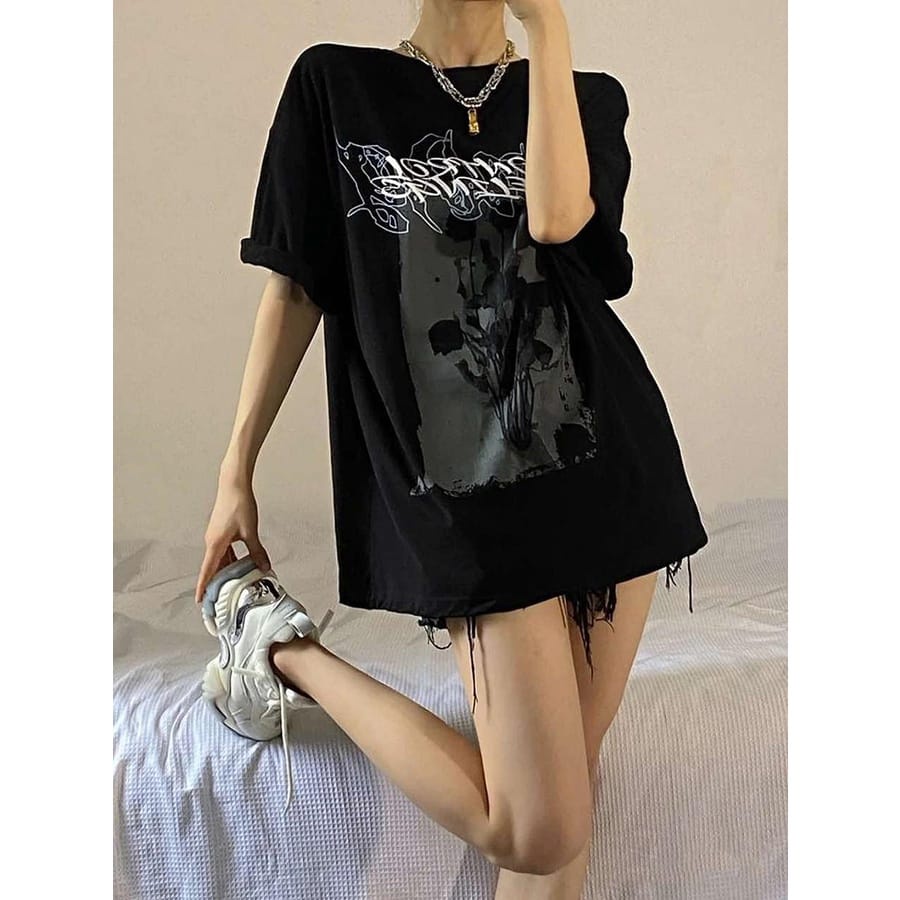 Kaos Oversize Korean Kekinian Abstrak Flower - Hitam