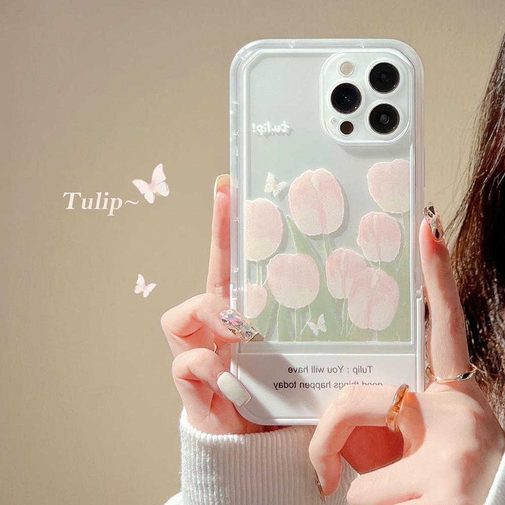 Case Pelindung Transparan Motif Bunga Pink Dengan Holder Putih Untuk Iphone 11 8 7 Plus SE2 XS XR 12 13 PRO MAX