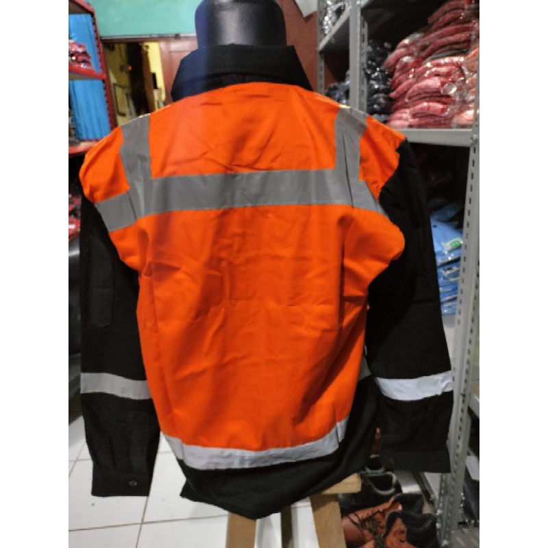 SERAGAM BAJU SAFETY ORANYE HITAM KANCING BERLOGO K3 SCOTLIGT 4CM PUNDAK