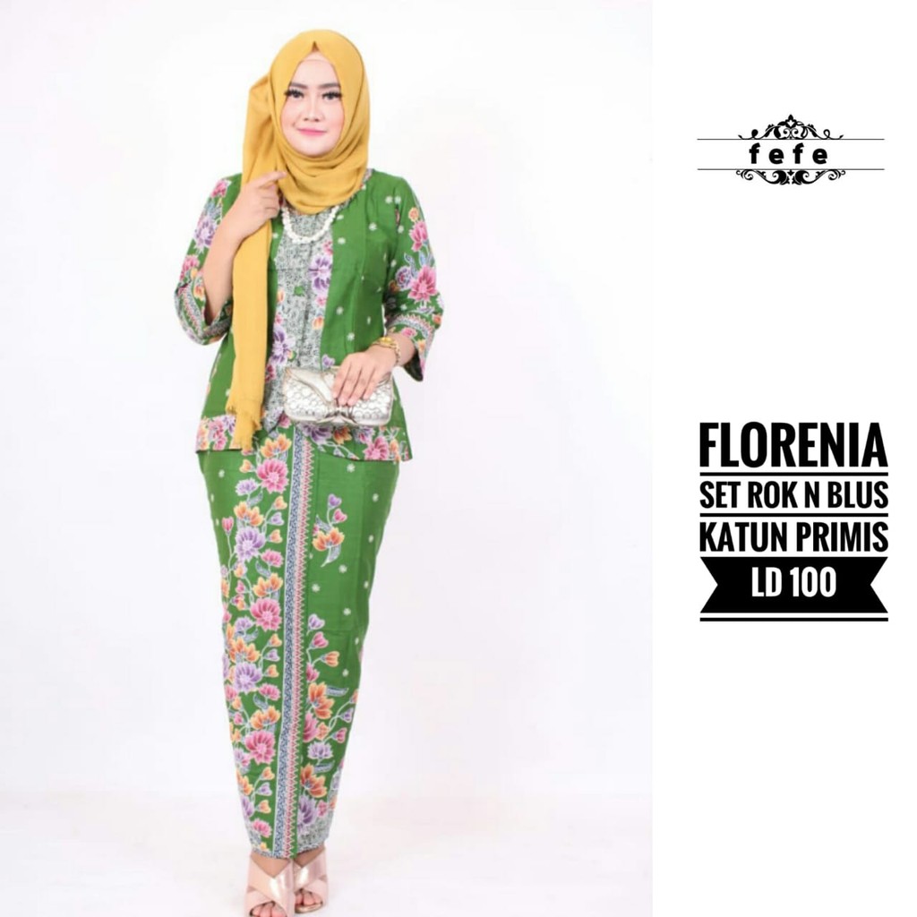 BAJU BATIK WANITA TERBARU | BAJU BATIK WANITA MODEL SETELAN ROK DAN BLUS KATUN PRIMIS SET FLORENIA