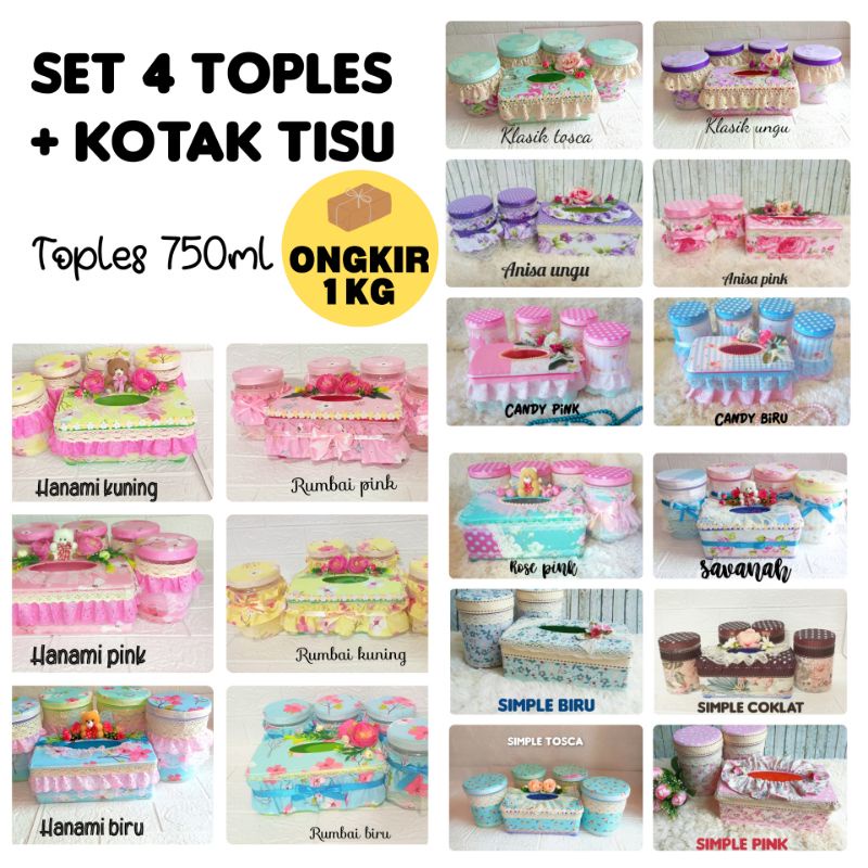 toples 800ml set lebaran isi 4toples + kotak tisu shabby