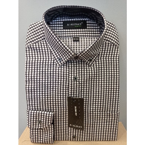 Alisan Kemeja Motif Lengan Panjang Kotak-Kotak Hitam Slimfit