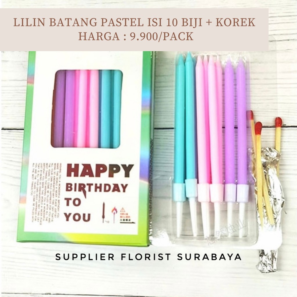 LILIN ULANG TAHUN BIRTHDAY BATANGAN WARNA PASTEL ISI 10 BIJI + KOREK API