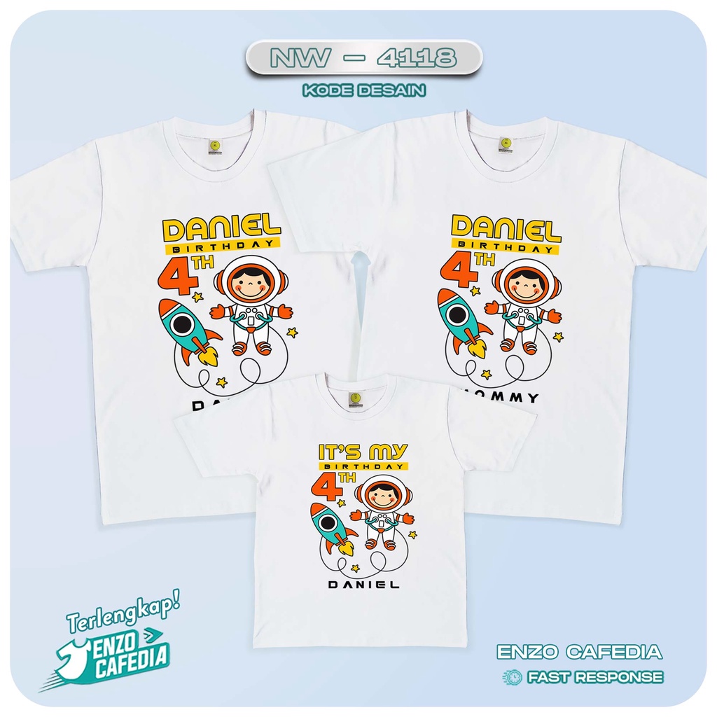 Baju Couple Keluarga | Kaos Family Ulang Tahun | Kaos Motif Astronot NW 4118 | Gratis Custom Tulisan