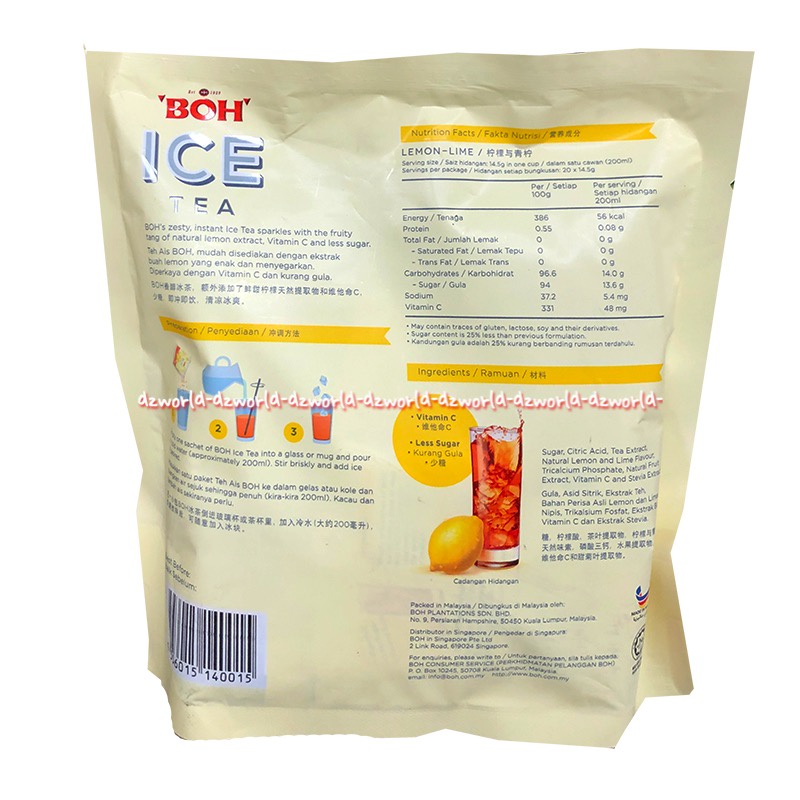 Boh Ice Tea Lemon Lime 20sachets Minuman Teh Instan Rasa Lemon