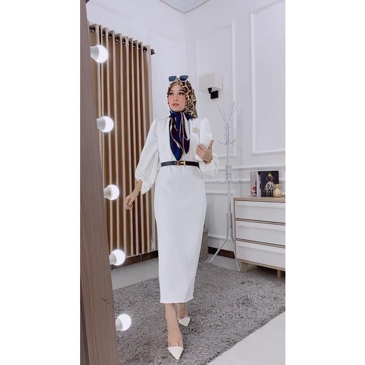 Dress Amara - Dress Wanita Moscrepe Import Baju Wanita Kantor Lengan Panjang Kerut Fashion Wanita Kekinian LD 110 cm