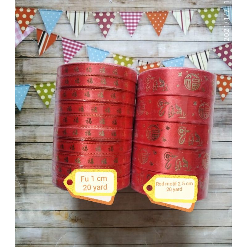 Pita imlek fu double happiness cny ribbon merah emas 2.5 cm rol / hiasan hampers parcel aksesoris