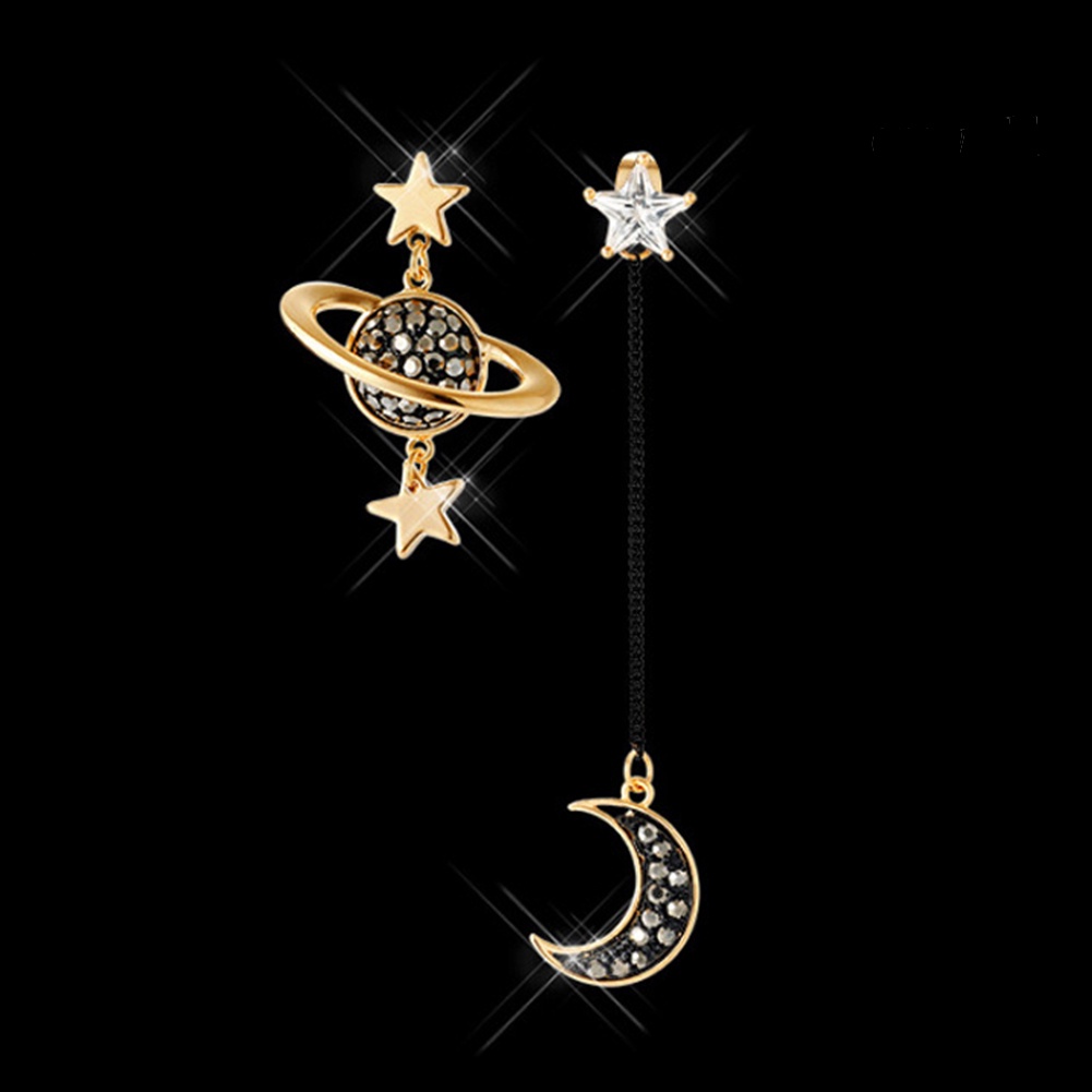 OW@ Asymmetrical Star Moon Planet Rhinestone Inlaid Women Long Dangle Earrings Gift