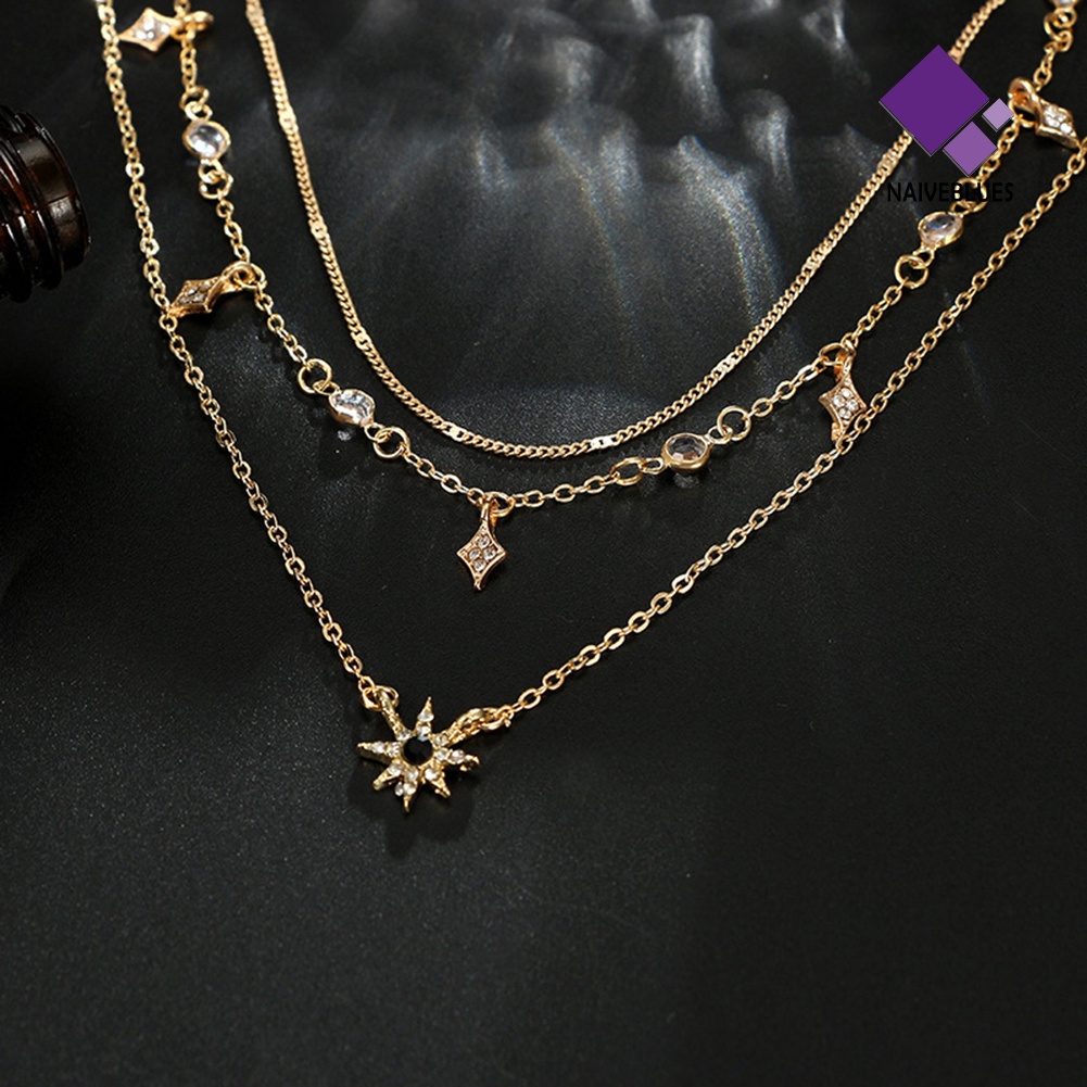Kalung Rantai Multi Layer Dengan Liontin Berlian Imitasi Untuk Wanita