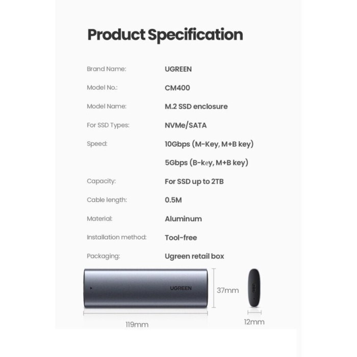 UGREEN SSD Enclosure Case M.2 NVME / NGFF SATA M2 Slim SSD Original - NGFF Sata