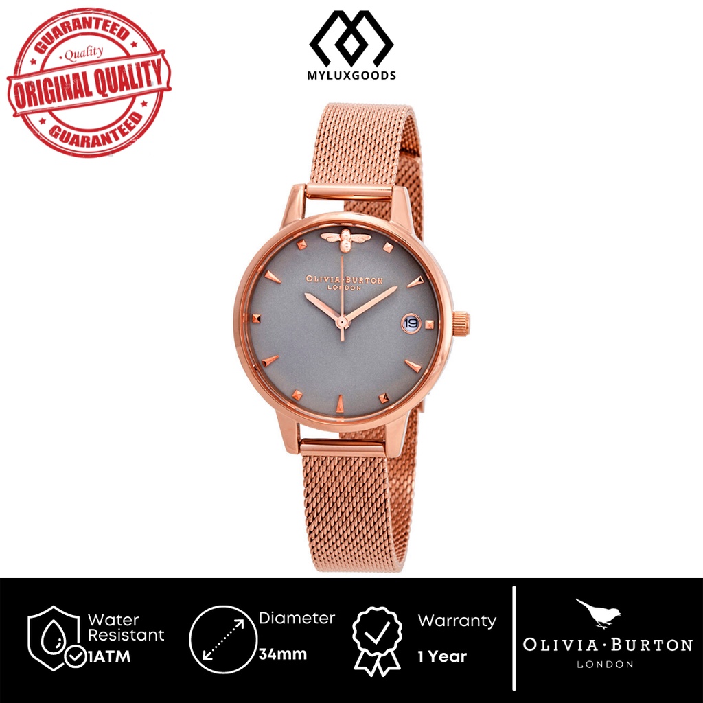 OLIVIA BURTON QUEEN BEE GREY DATE DIAL ROSEGOLD OB16AM122 | JAM TANGAN WANITA ORIGINAL