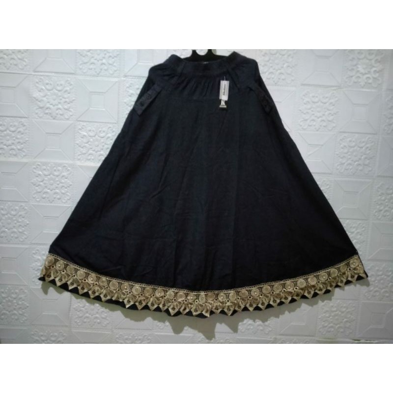 Rok Jeans Panjang Wanita Payung Renda non Stretch