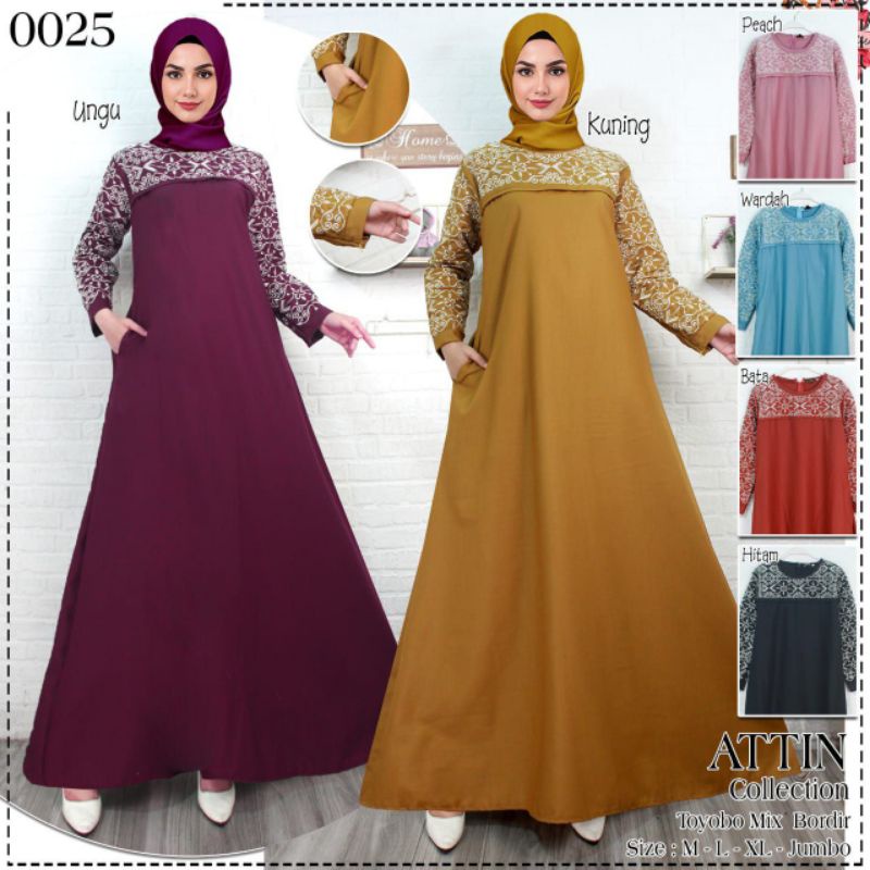 Gamis Attin , Katun Toyobo Bordir , Gamis Casual Muslimah Jumbo.