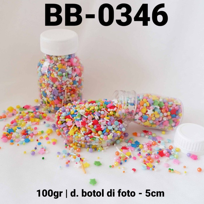 

BB-0346 SPRINKLES SPRINKLE SPRINGKEL 100GR MUTIARA BINTANG RAINBOW DISKON GEDE