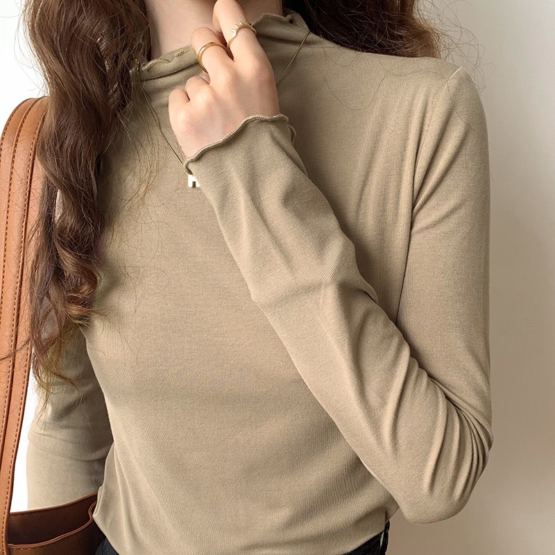 #Sisjuly# Kemeja Bawahan Turtleneck Wanita Gaya Korea Pakaian Wanita Kaos Musim Semi Ramping