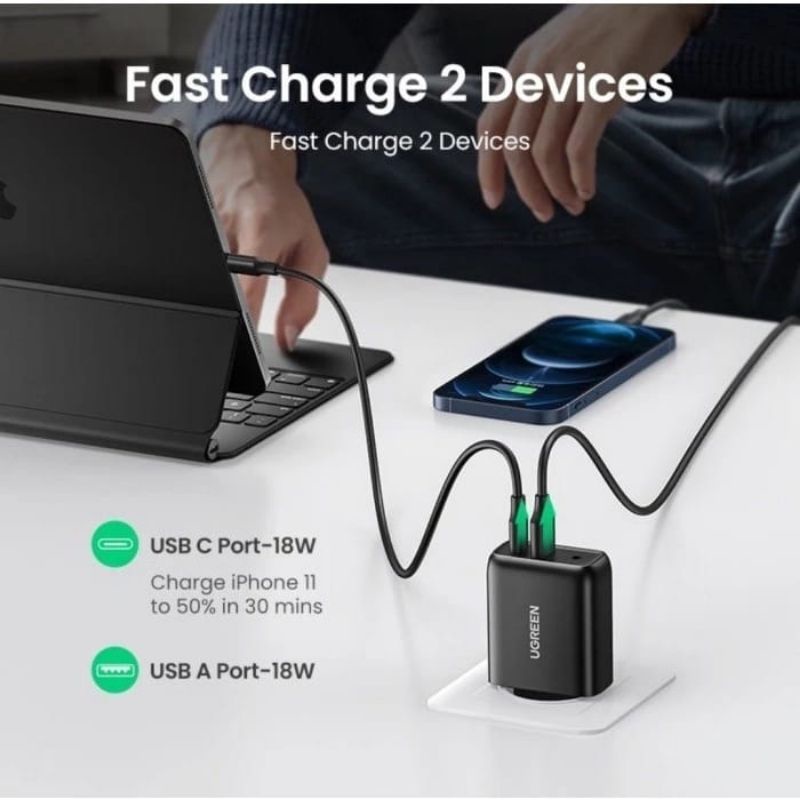 UGREEN Adaptor Charger 36W Dual Fast Charging Dual USB A + Type C