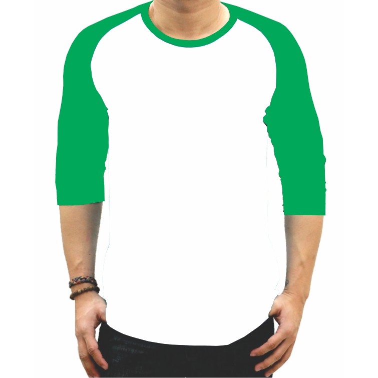 Kaos Polos Raglan Panjang 34 Putih Hijau