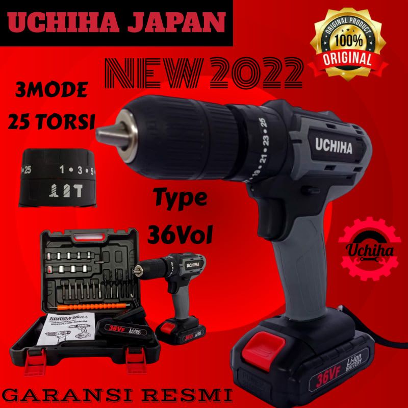 mesin bor cordless UCHIHA 36 v baterai cas charger tanpa kabel obeng full set koper.