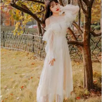 BAJU PESTA  GAUN  CANTIK  / GAUN REMAJA  /  GAUN LENGAN PANJANG BAHU TERBUKA