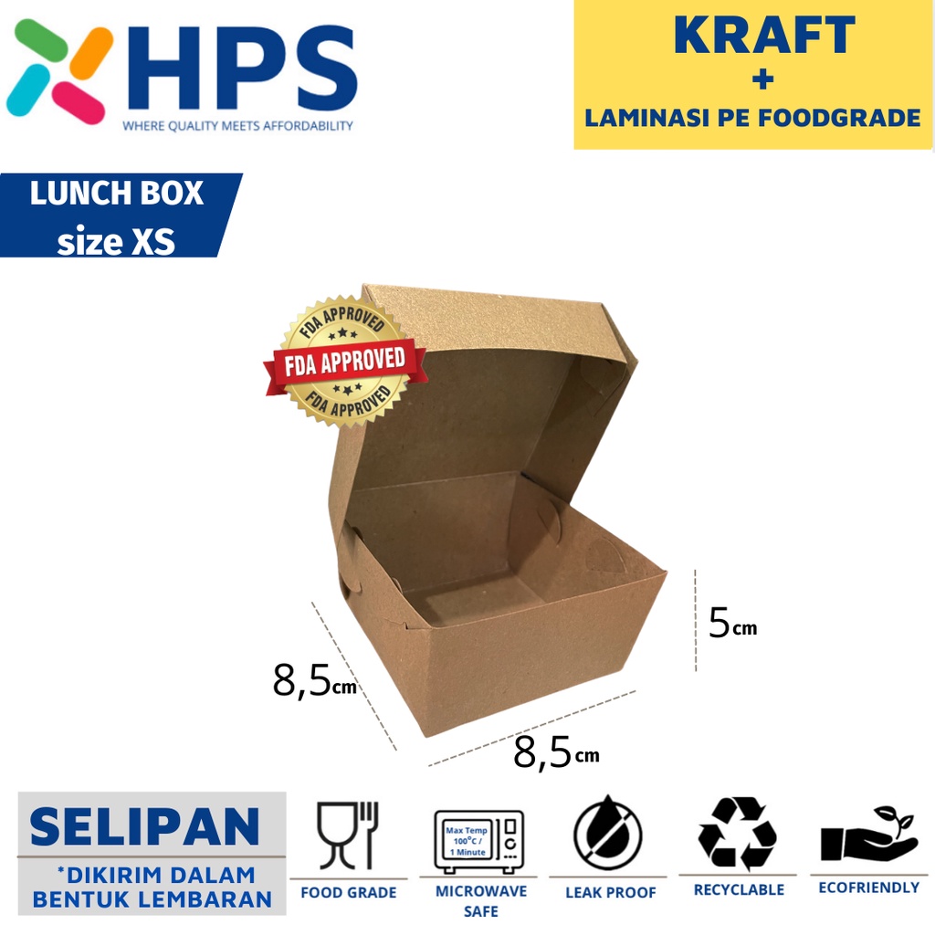 Kotak Makan XS Kertas Kraft LIPAT Kemasan Makanan Paper Lunch Box Coklat Murah