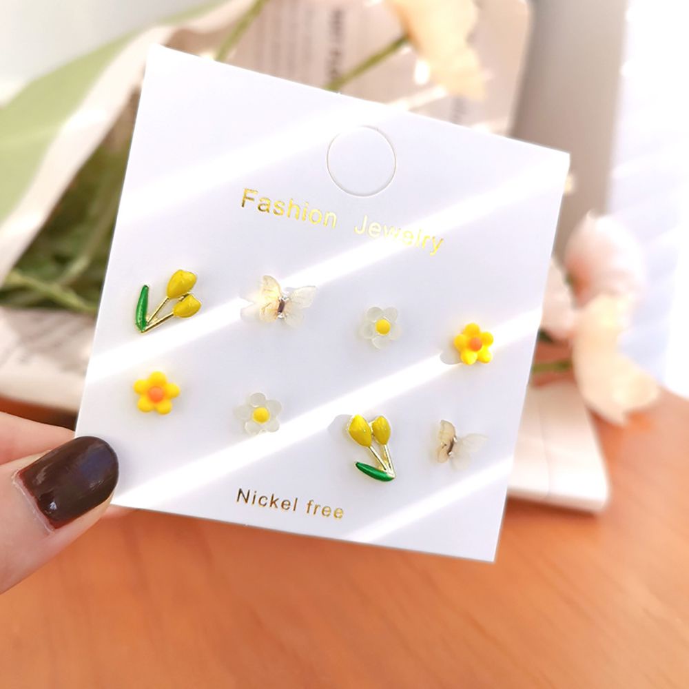 Needway  4 pairs/set Women Stud Earrings Sweet Fashion Jewelry Flower Earrings Set Party Cute Tulip Female Lovely Girl Korean Style Earrings/Multicolor