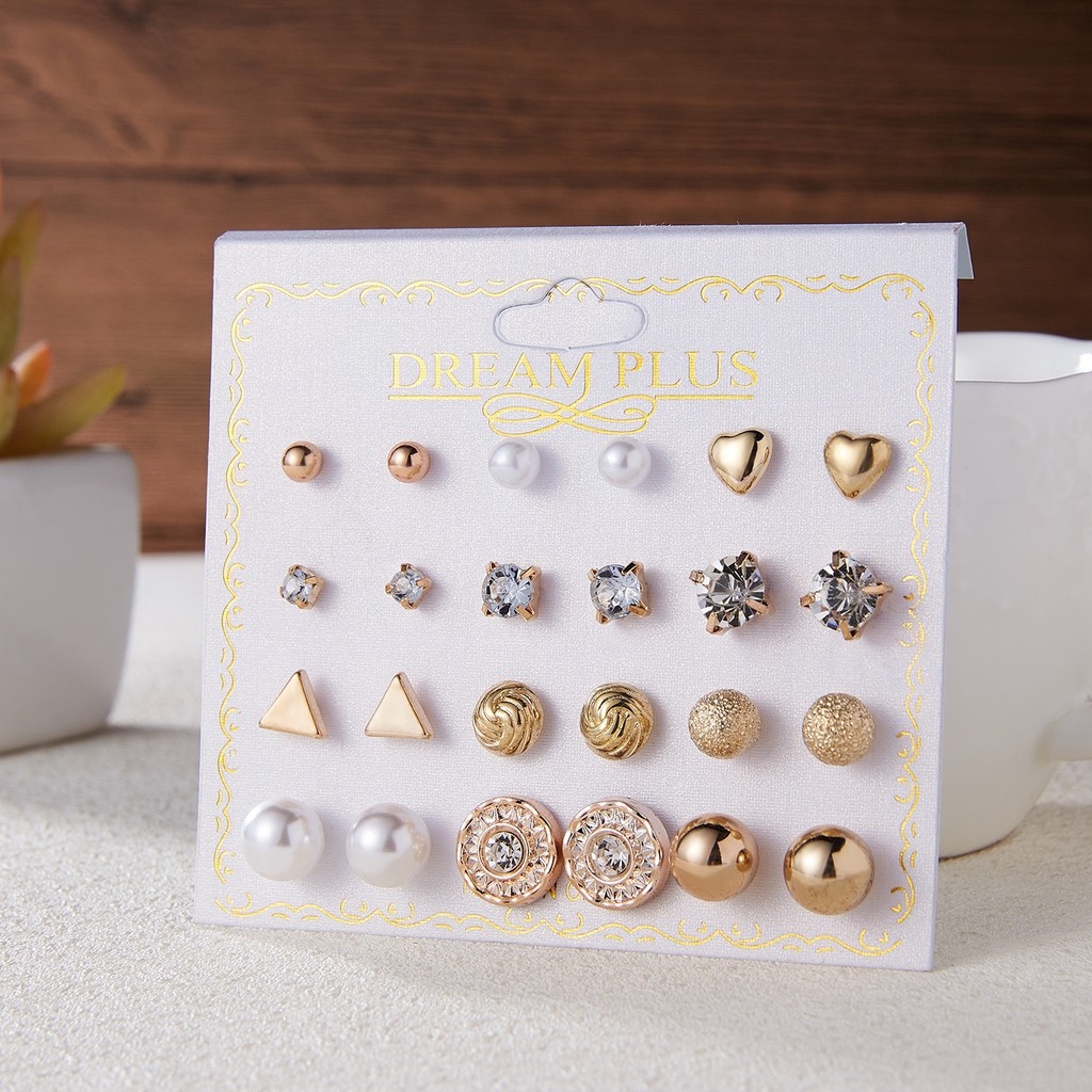 [12 Pairs / Set Crystal Pearl Imitation Zircon Alloy Mixed Earrings Sets ] [Korean Colorful Flower Round Ear Stud Earrings Sets] [Lovely Gifts Bridal Wedding Party Ear Jewelry]