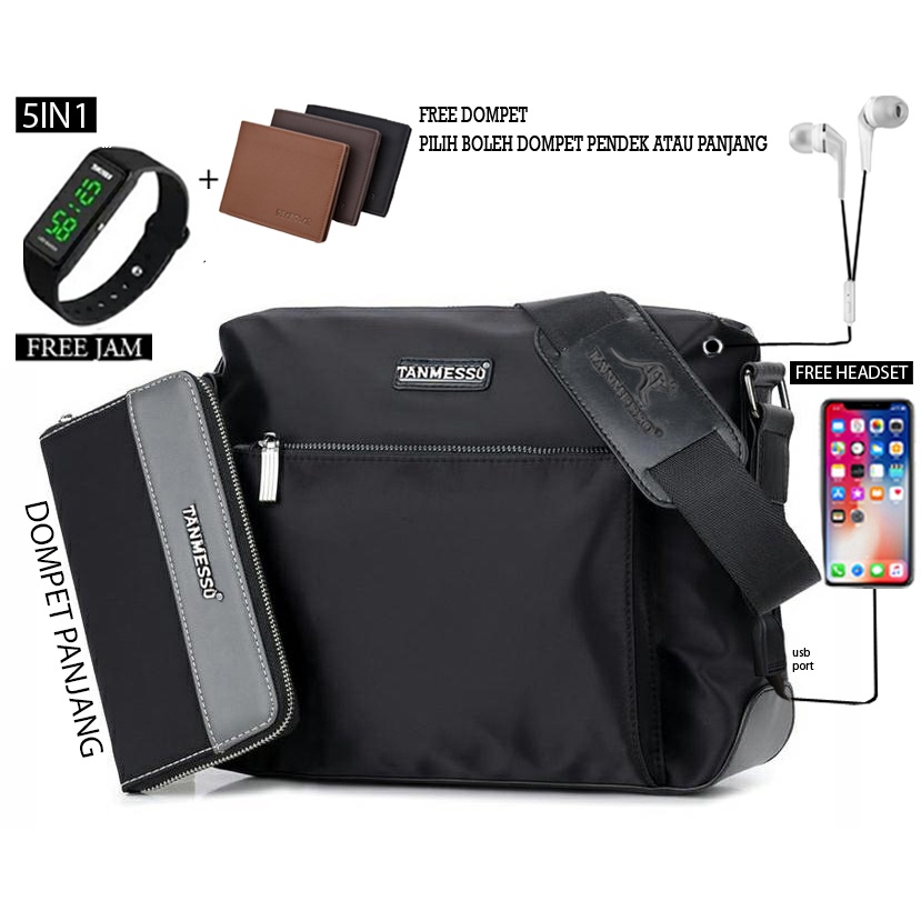 TANMESSO 4in1 BAYAR DITEMPAT-BONUS JAM LED,DOMPET &amp; HEADSET-TAS WATERPROOF TAS SELEMPANG PRIA