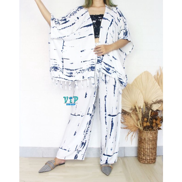 Set Outer Cardigan dan Kulot Tiedye Bali Lilit bohemian-Tiedye garis navy
