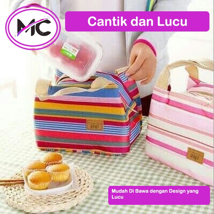 Tas Bekal Makanan Lunch Bag Besar Tahan Panas Anak Dewasa Motif Salur Murah Kotak Tempat Penyimpanan Peralatan Makan Coller Bag