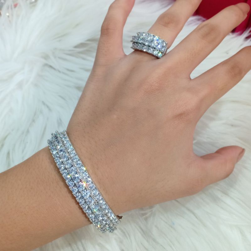 Set Perhiasan gelang cincin replika berlian permata zirconia