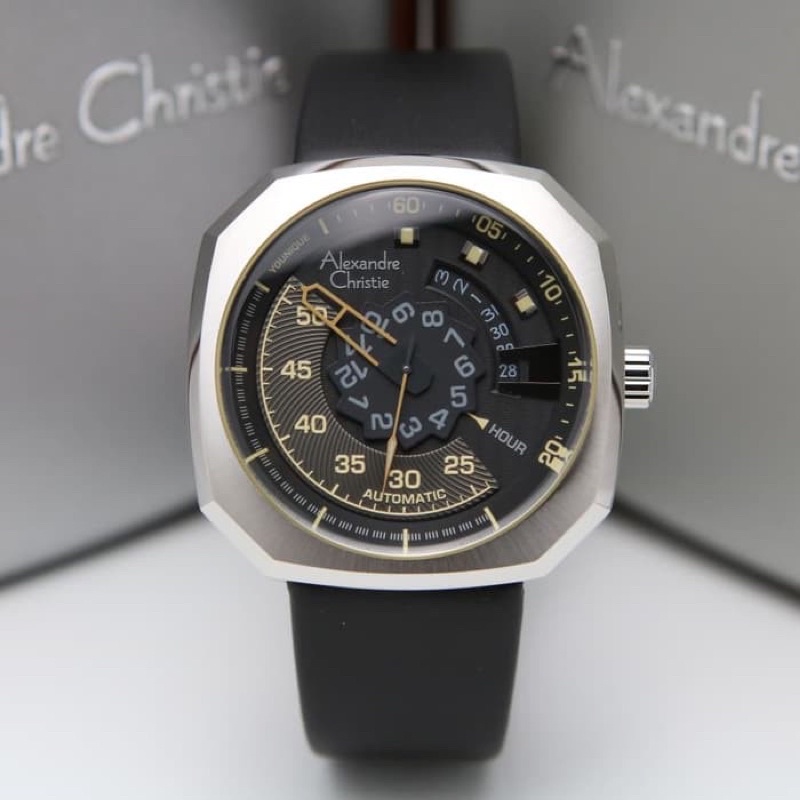 Jam Tangan Pria Alexandre Christie Automatic AC 3032 / AC3032 / 3032 Silver Black Leather