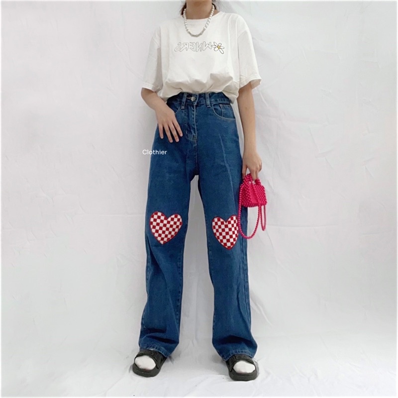 CLOTHIER - Mino Heart Jeans | Plaid Heart Red Medium Blue Jeans