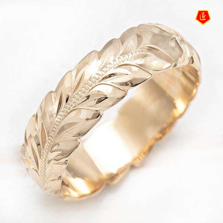 [Ready Stock]14K Gold Carving Wheat Leaf Ring Simple