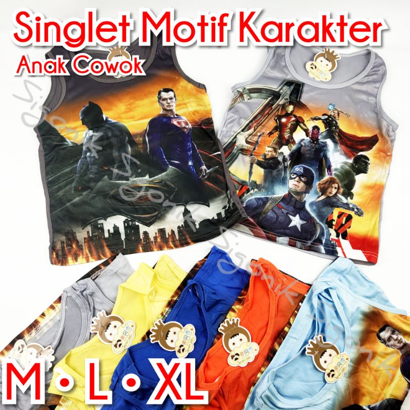 Singlet Motif Anak Cowok Laki M L XL Balita Paud TK SD Bocah Karakter Superhero Murah Sigonik