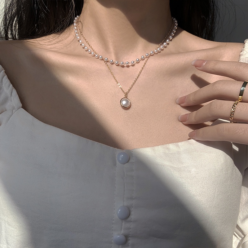 Kalung Rantai Klavikula Hias Mutiara Ganda Gaya Retro