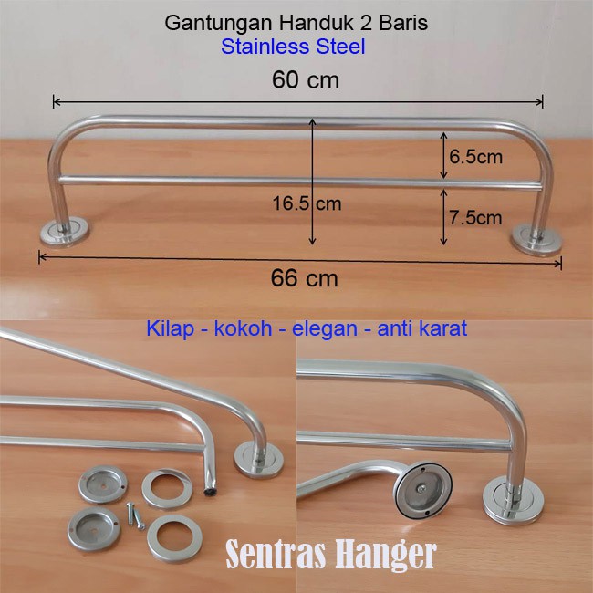 Gantungan Handuk Tembok Stainless, 60cm, 2 baris, GR-60-02