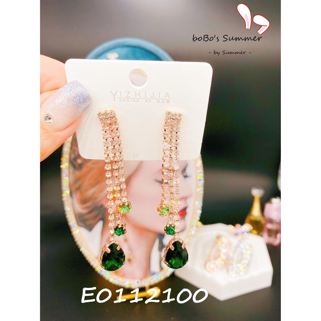 Anting Panjang Emas Kristal Emerald Hijau Tusuk Silver 925 Style Korea Aksesoris Pesta Premium