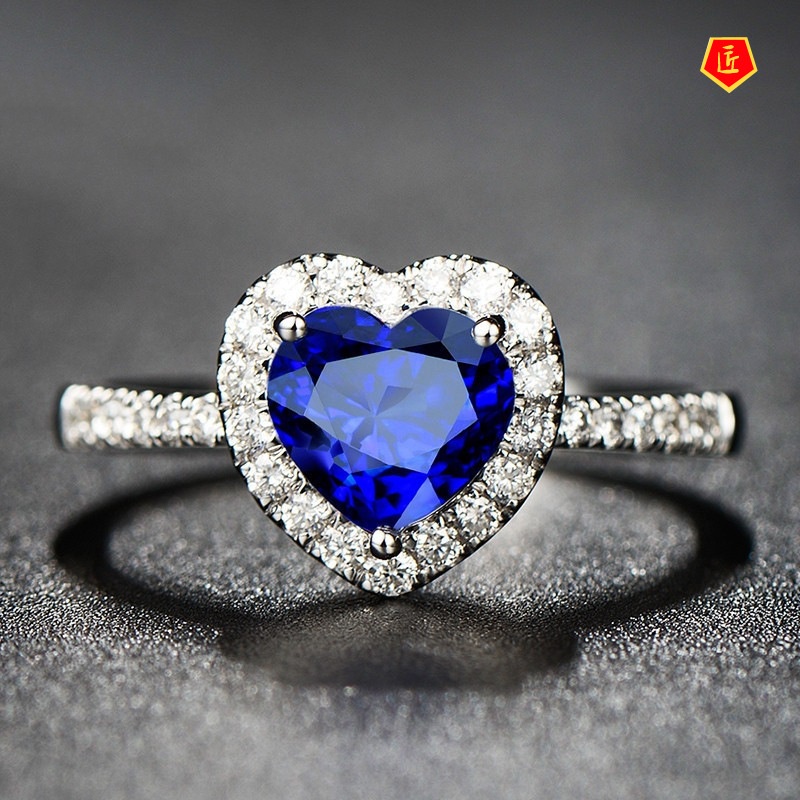 [Ready Stock]Heart-Shaped Sapphire Ring for Women Simple and Elegant