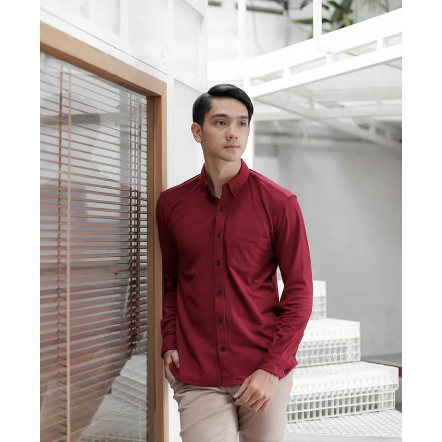 Kemeja Kasual Pique LS - Maroon | Kemeja Pria Lengan Panjang Katun Pique