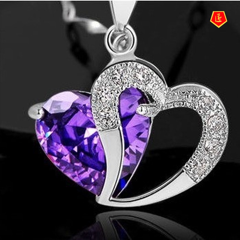 [Ready Stock]Heart-Shaped Crystal Pendant Romantic Purple Necklace Heart Crystal