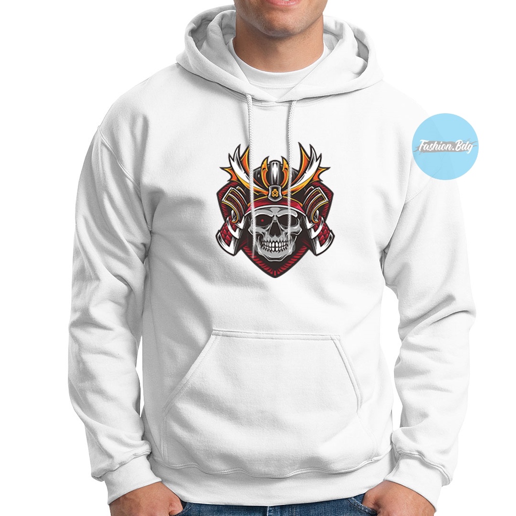 Sweater Hoodie Samurai Skull Bahan Fleece Warna Hitam Navy Merah Abu