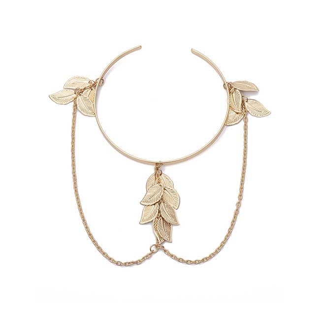 LRC Gelang Fashion Gold Geometric Leaves Tassel Chain Open Arm F7257X